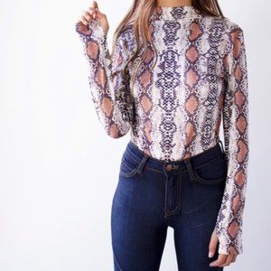 Animal Snake Print High Neck Long Sleeve Bodysuit